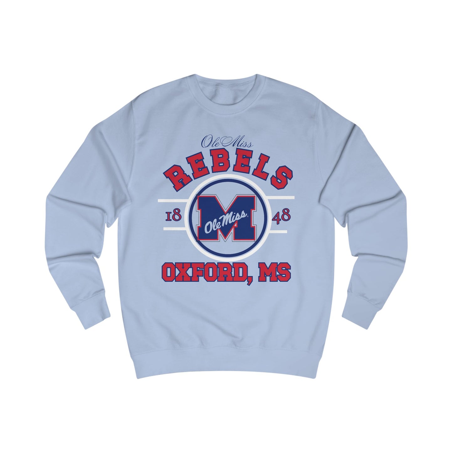 Light blue sweatshirt with Ole Miss Rebels logo and text on a white background