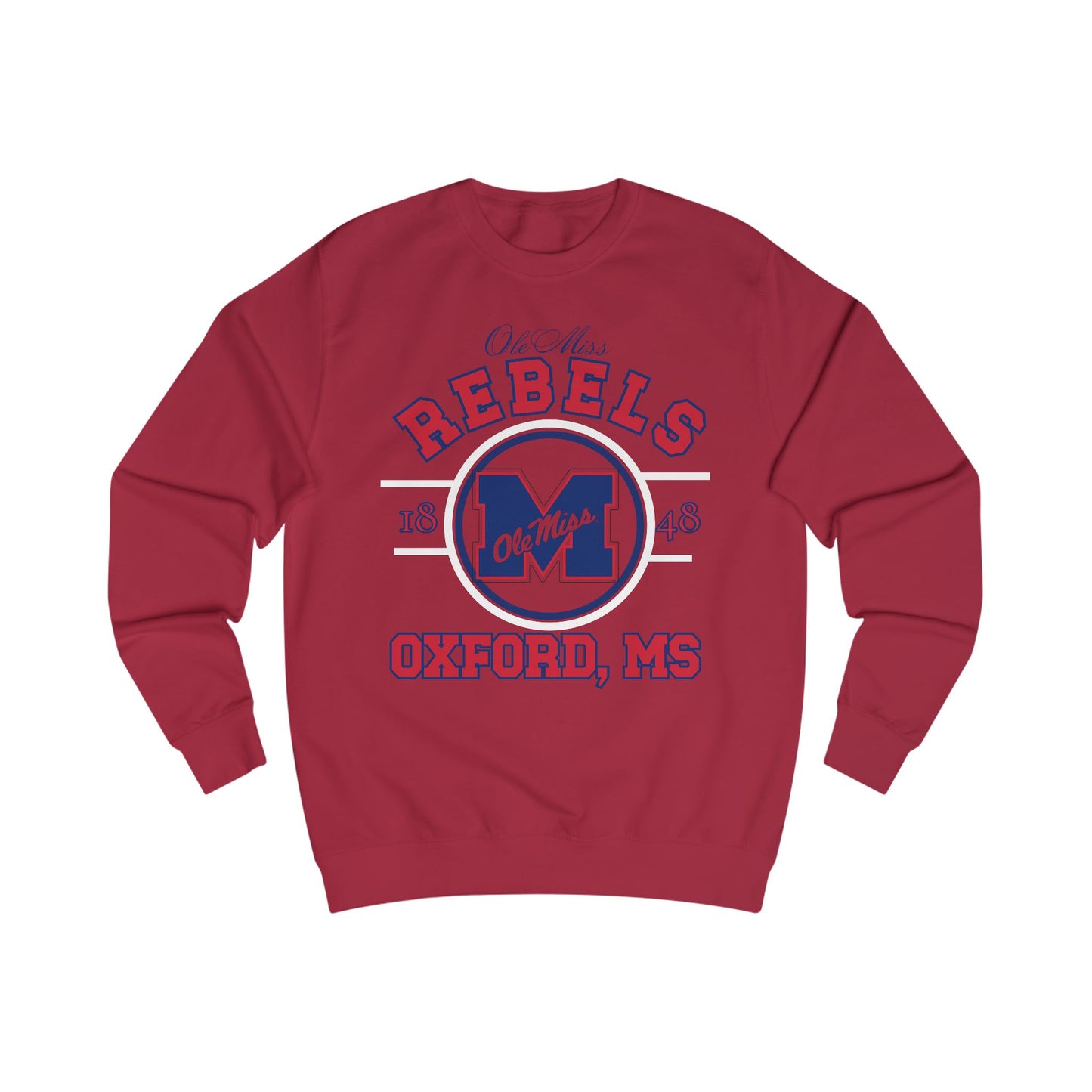 Red sweatshirt with 'REBELS' and 'OXFORD, MS' text on a white background