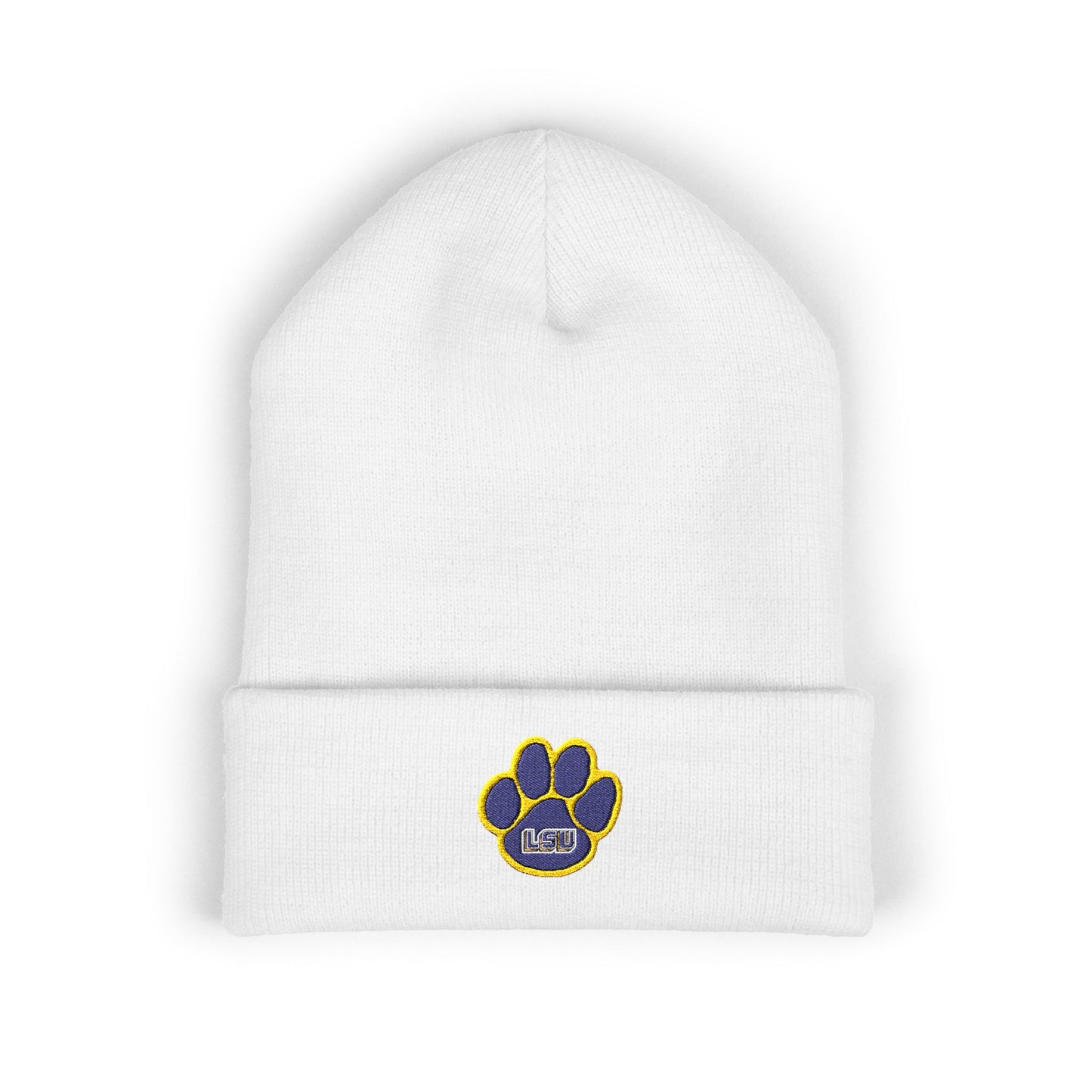 White beanie with a paw print logo on a white background