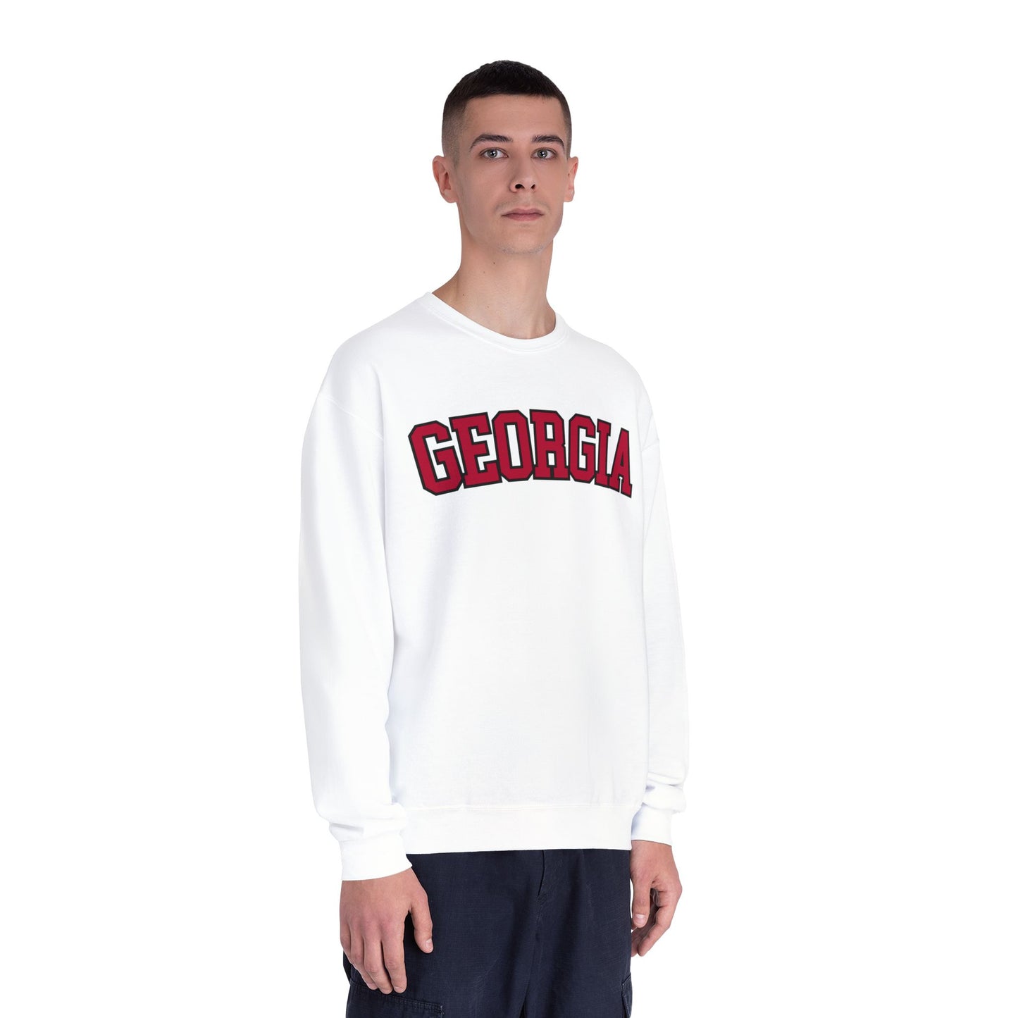 Person wearing a white sweatshirt with 'Georgia' printed on it against a white background