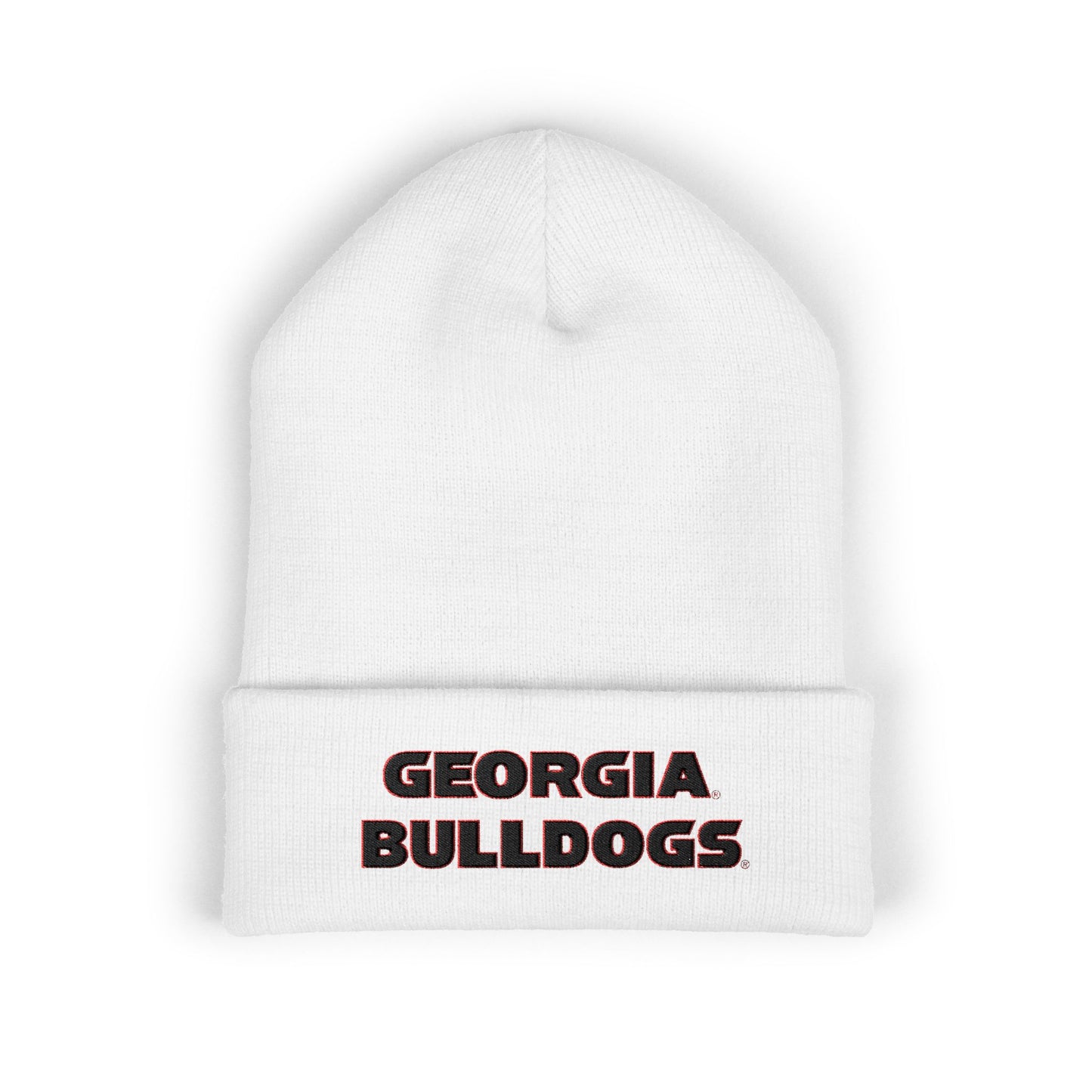 White beanie with 'Georgia Bulldogs' text on a white background