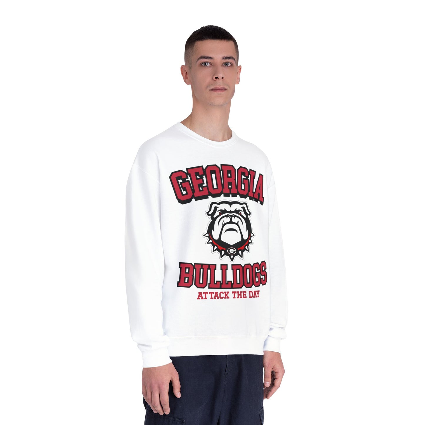 Person wearing a white sweatshirt with 'Georgia Bulldogs' text and logo on a white background