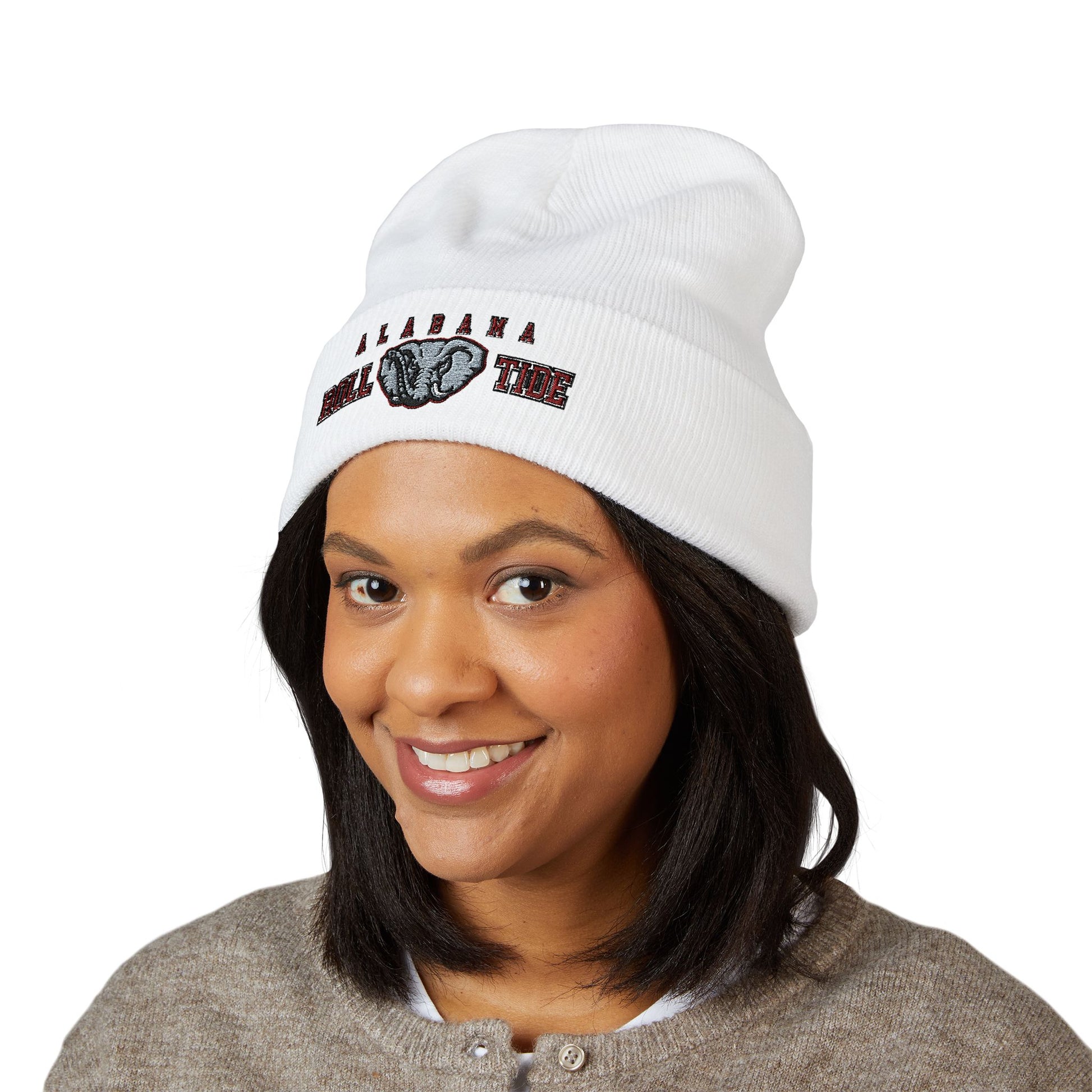 Person wearing a white beanie with 'Alabama' and an elephant logo on a white background