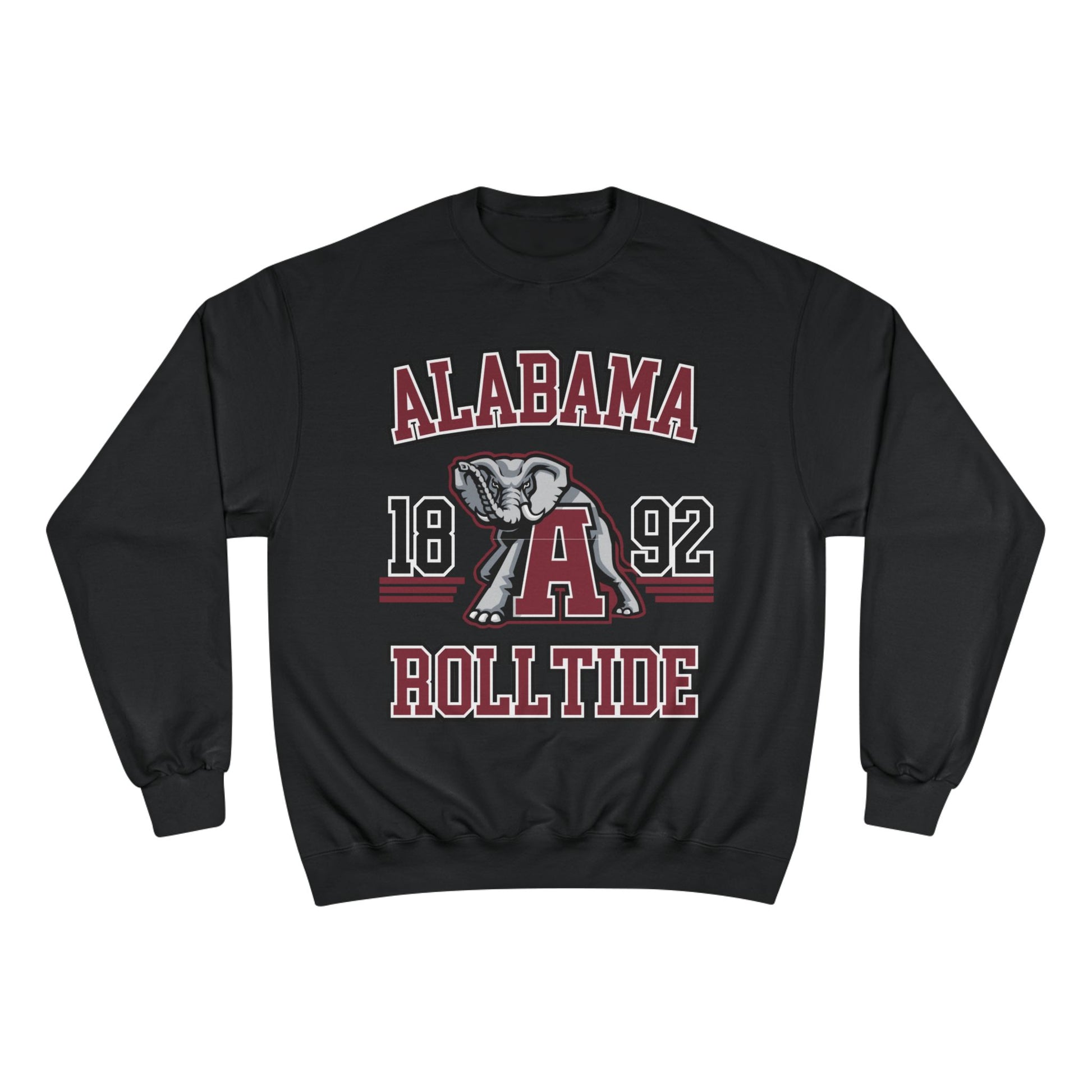 Black sweatshirt with 'Alabama 1892 Roll Tide' text and elephant graphic on a white background