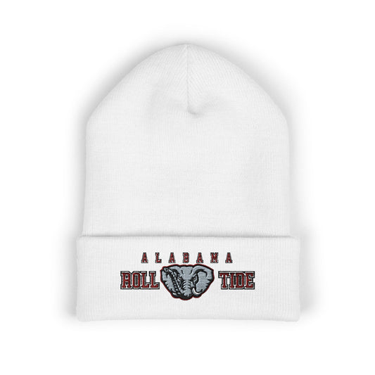 White beanie with 'Alabama Roll Tide' and elephant logo on a white background