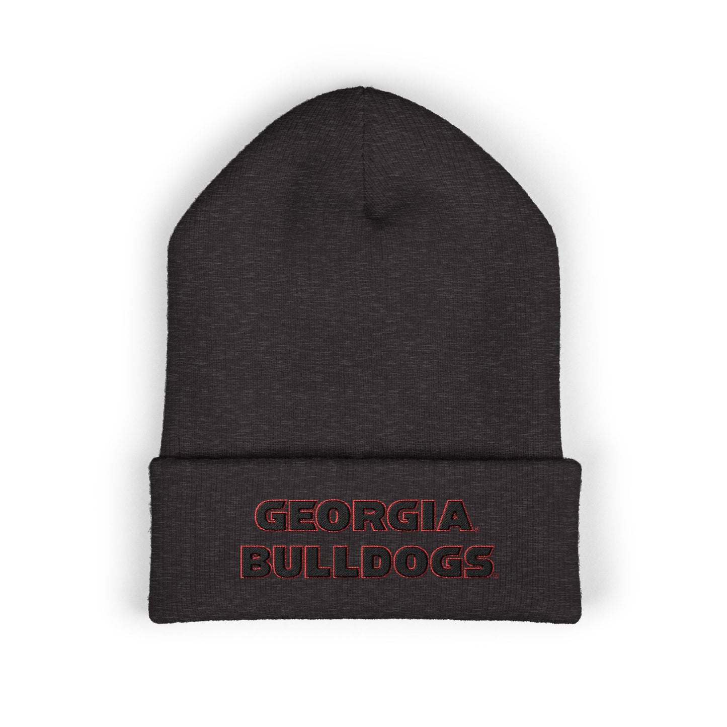 Dark gray beanie with 'Georgia Bulldogs' embroidered on a white background