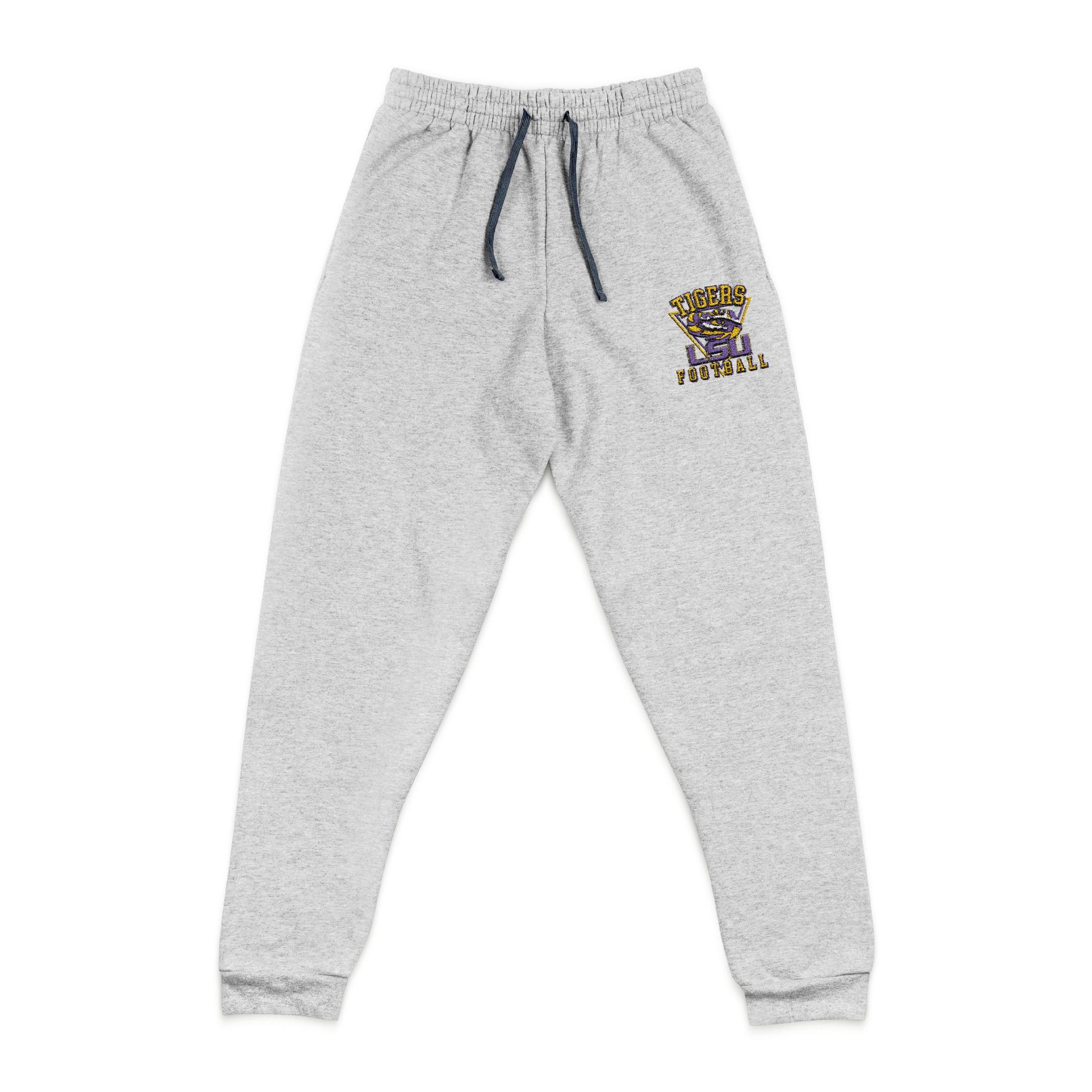 Gray sweatpants with a lsu tigers  footballogo on a white background
