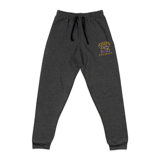 Dark gray sweatpants with a logo on the left thigh lsu tigers football logo against a white background
