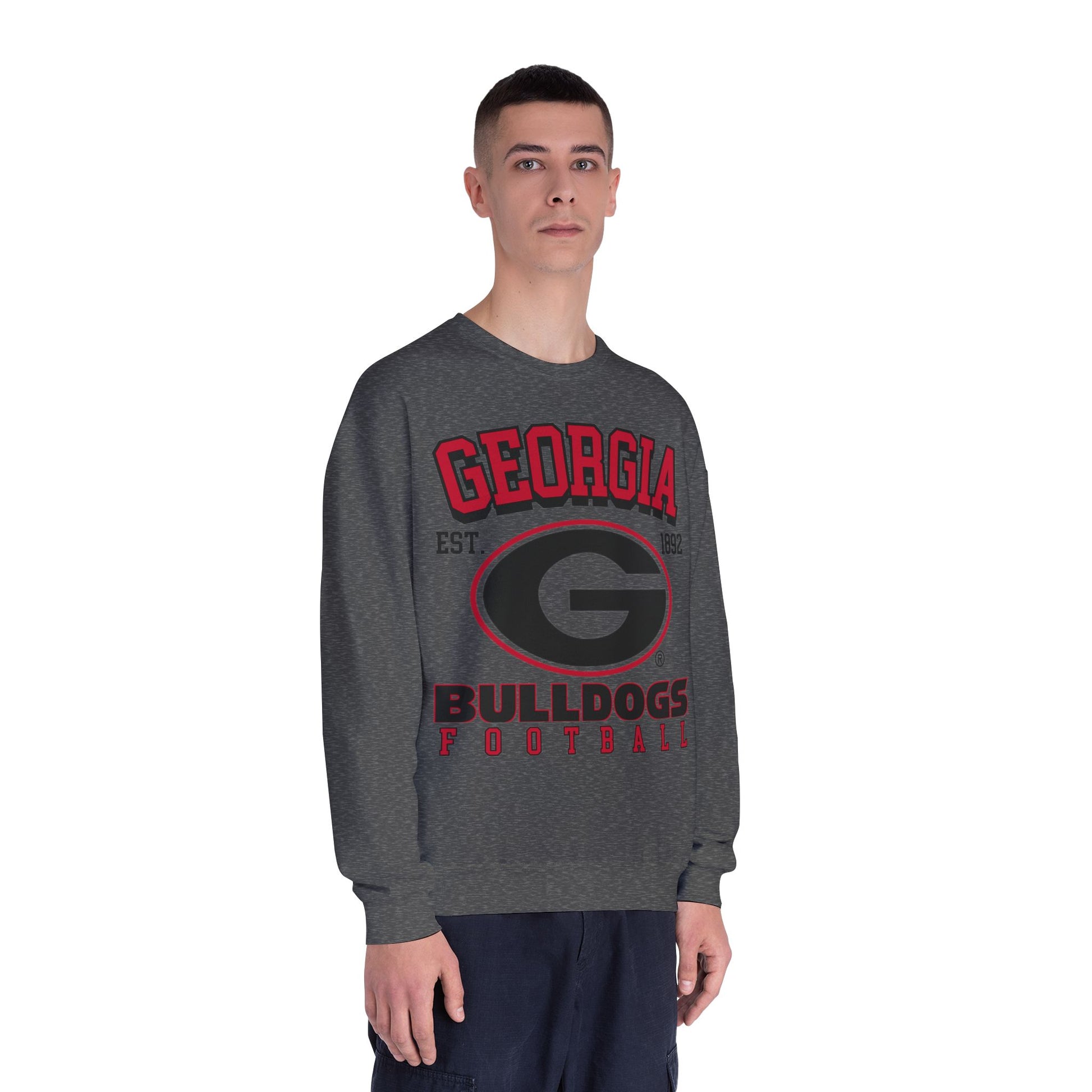 Person wearing a gray 'Georgia Bulldogs' sweatshirt on a white background