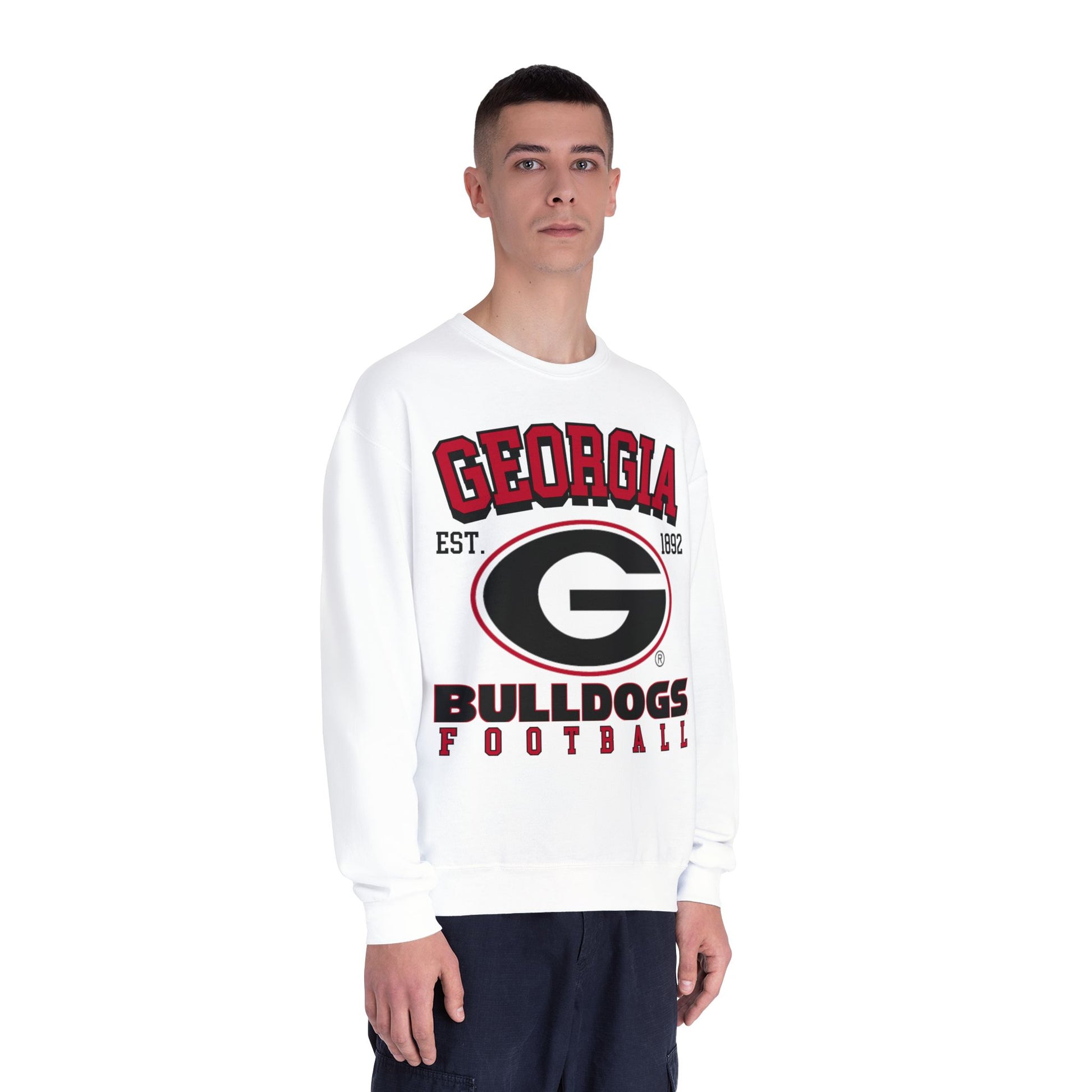 Person wearing a white long-sleeve shirt with 'Georgia Bulldogs Football' text and logo on a white background