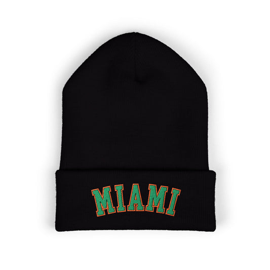 Black beanie with 'MIAMI' text on a white background