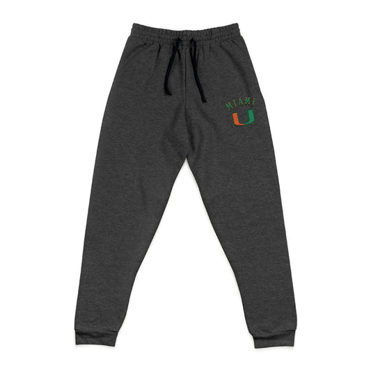 Gray sweatpants with 'Miami U' logo on a white background