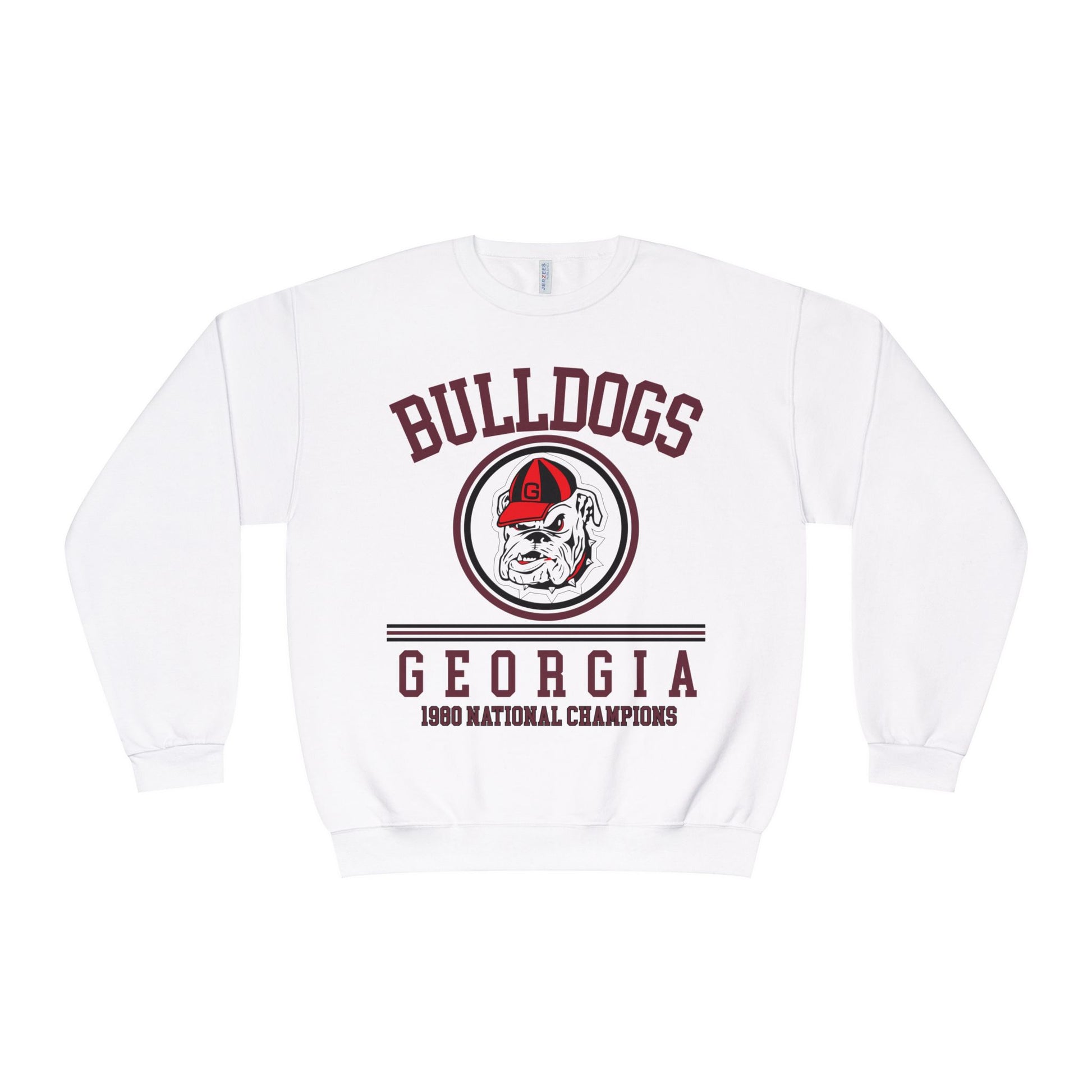 White sweatshirt with 'Bulldogs Georgia' and '1986 National Champions' text on a white background