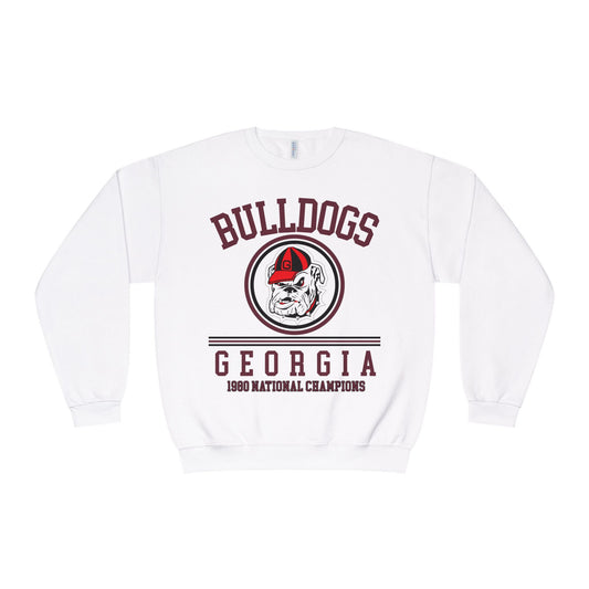 White sweatshirt with 'Bulldogs Georgia' and '1986 National Champions' text on a white background