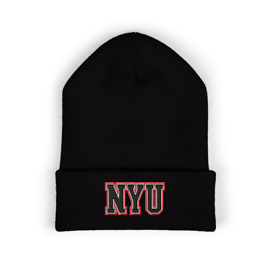 Black beanie with 'NYU' logo on a white background