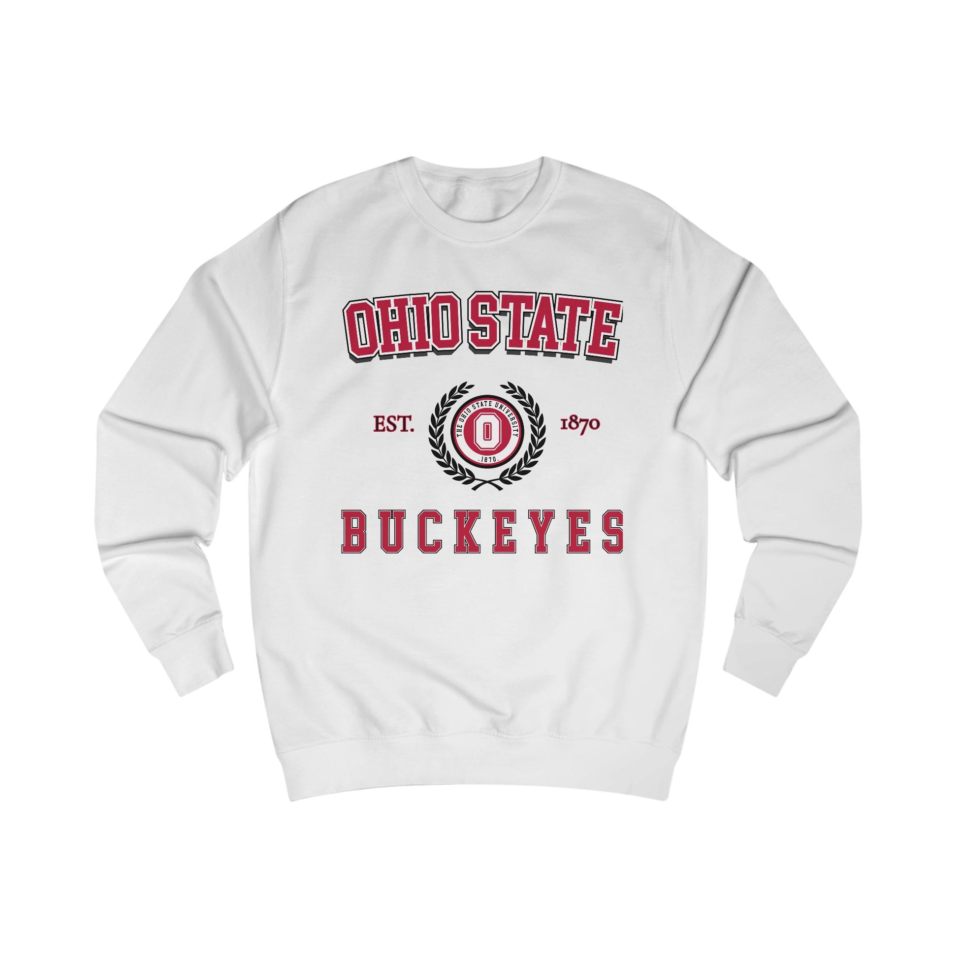 White sweatshirt with Ohio State Buckeyes logo on a white background
