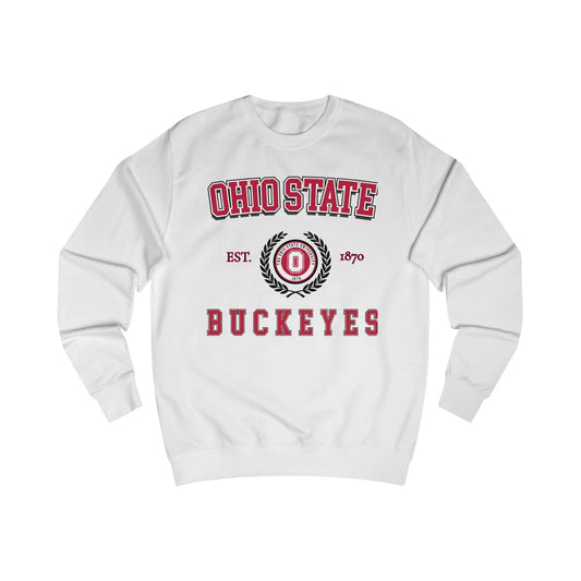 White sweatshirt with Ohio State Buckeyes logo on a white background