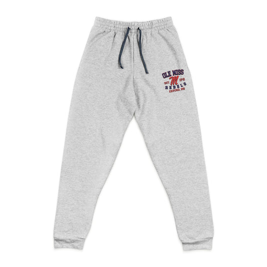 Gray sweatpants with 'Ole Miss' logo on a white background