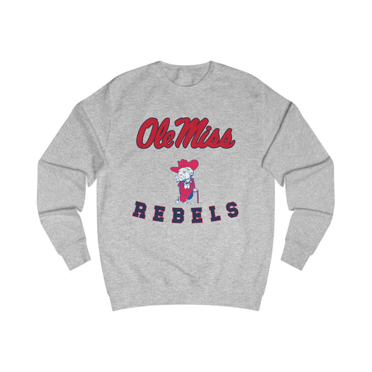 Gray sweatshirt with 'Ole Miss Rebels' text and logo on a white background