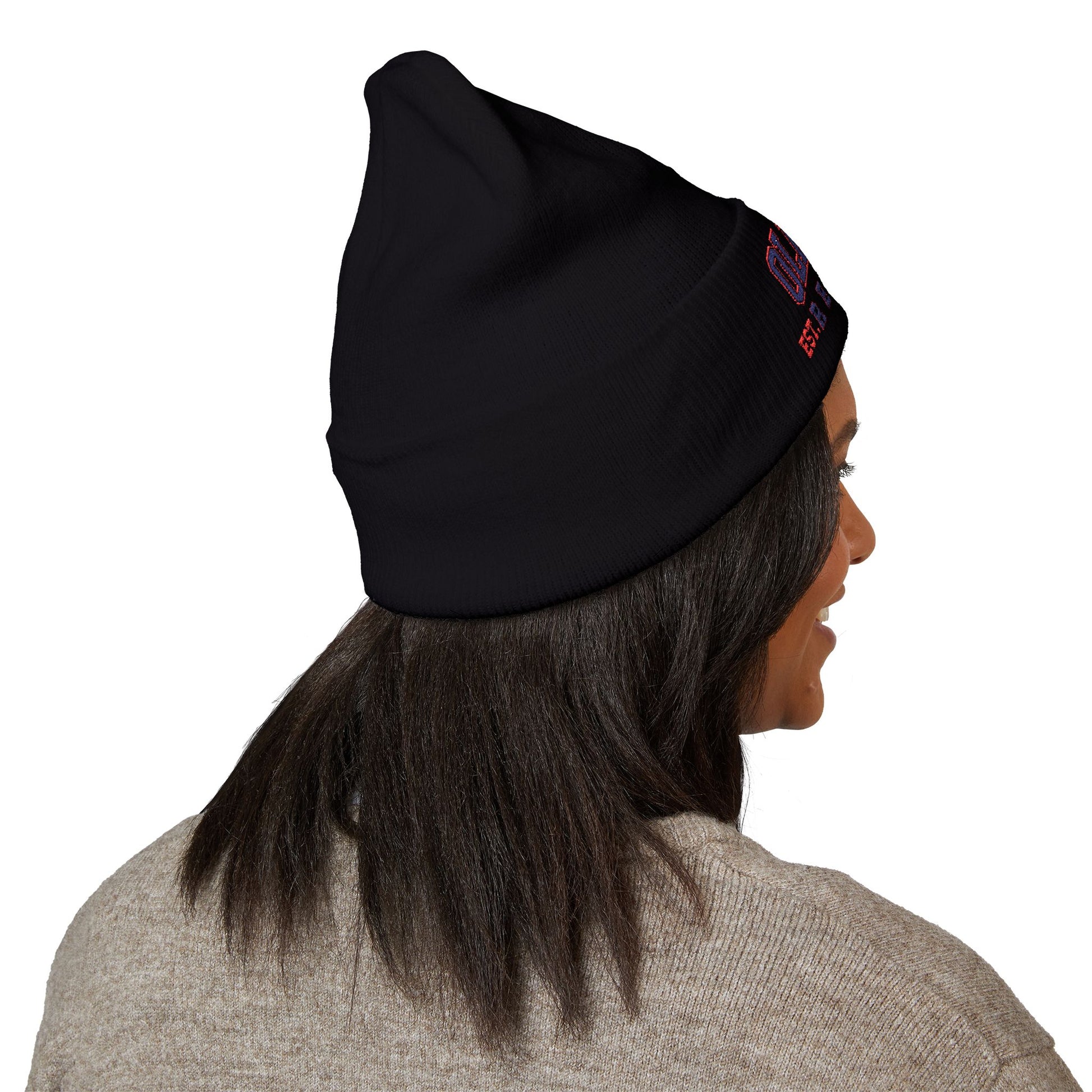 Person wearing a black beanie with a ole miss logo on a white background