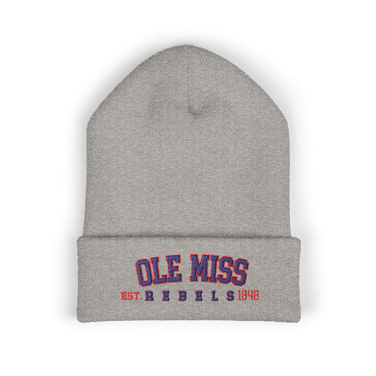 Gray beanie with 'Ole Miss Rebels' text on a white background