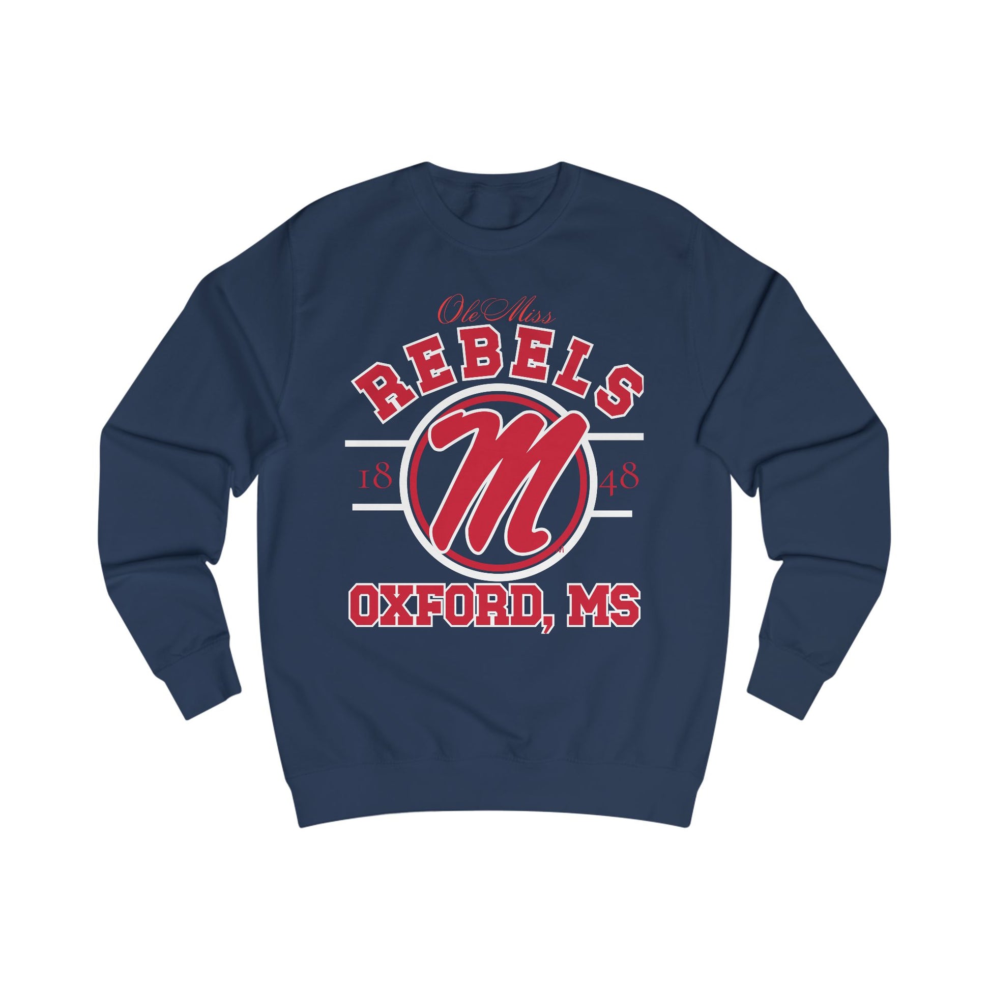 Navy blue sweatshirt with red and white 'REBELS' and 'OXFORD, MS' text on a white background