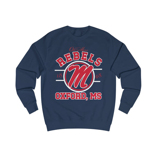Navy blue sweatshirt with red and white 'REBELS' and 'OXFORD, MS' text on a white background