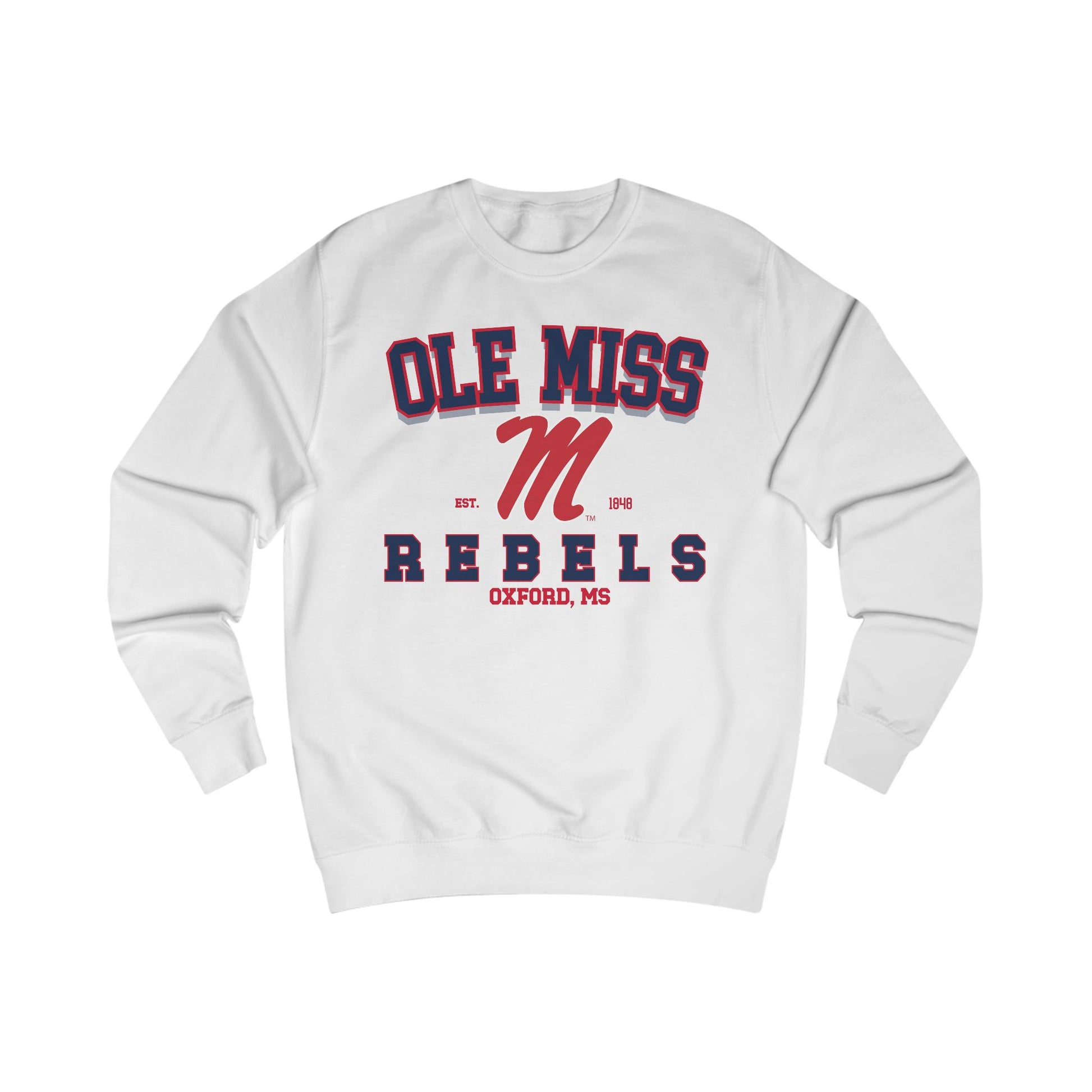 White sweatshirt with 'Ole Miss Rebels' text on a white background