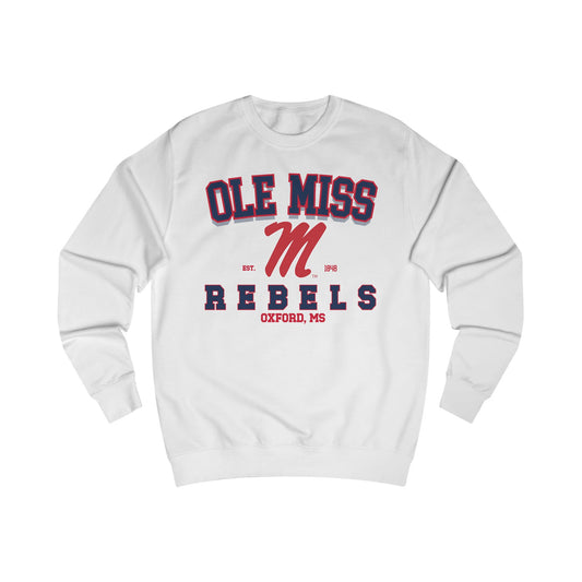 White sweatshirt with 'Ole Miss Rebels' text on a white background