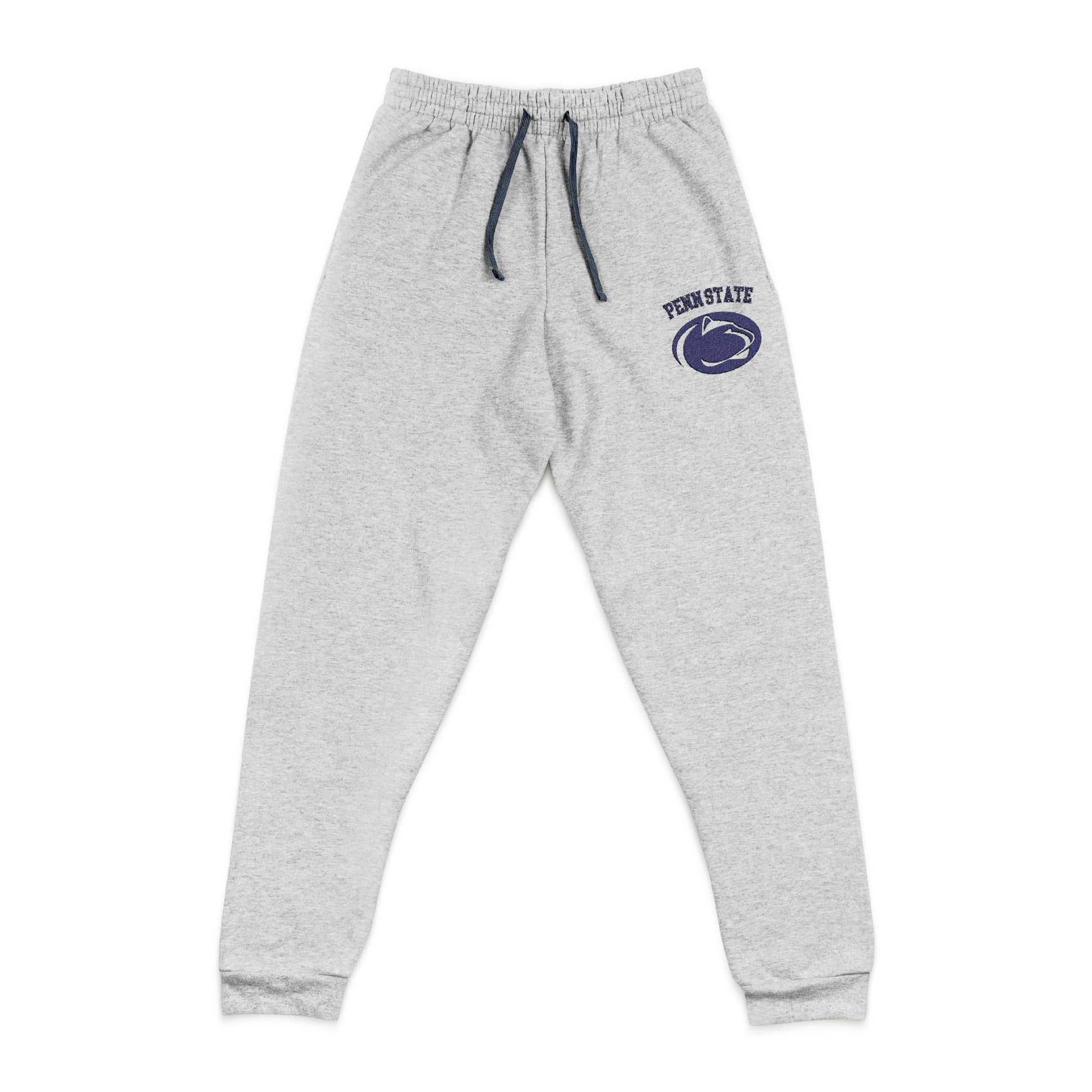 Gray sweatpants with a Penn State logo on joggers a white background