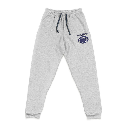 Gray sweatpants with a Penn State logo on joggers a white background
