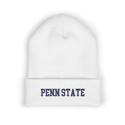 White beanie with 'PENN STATE' text on a white background