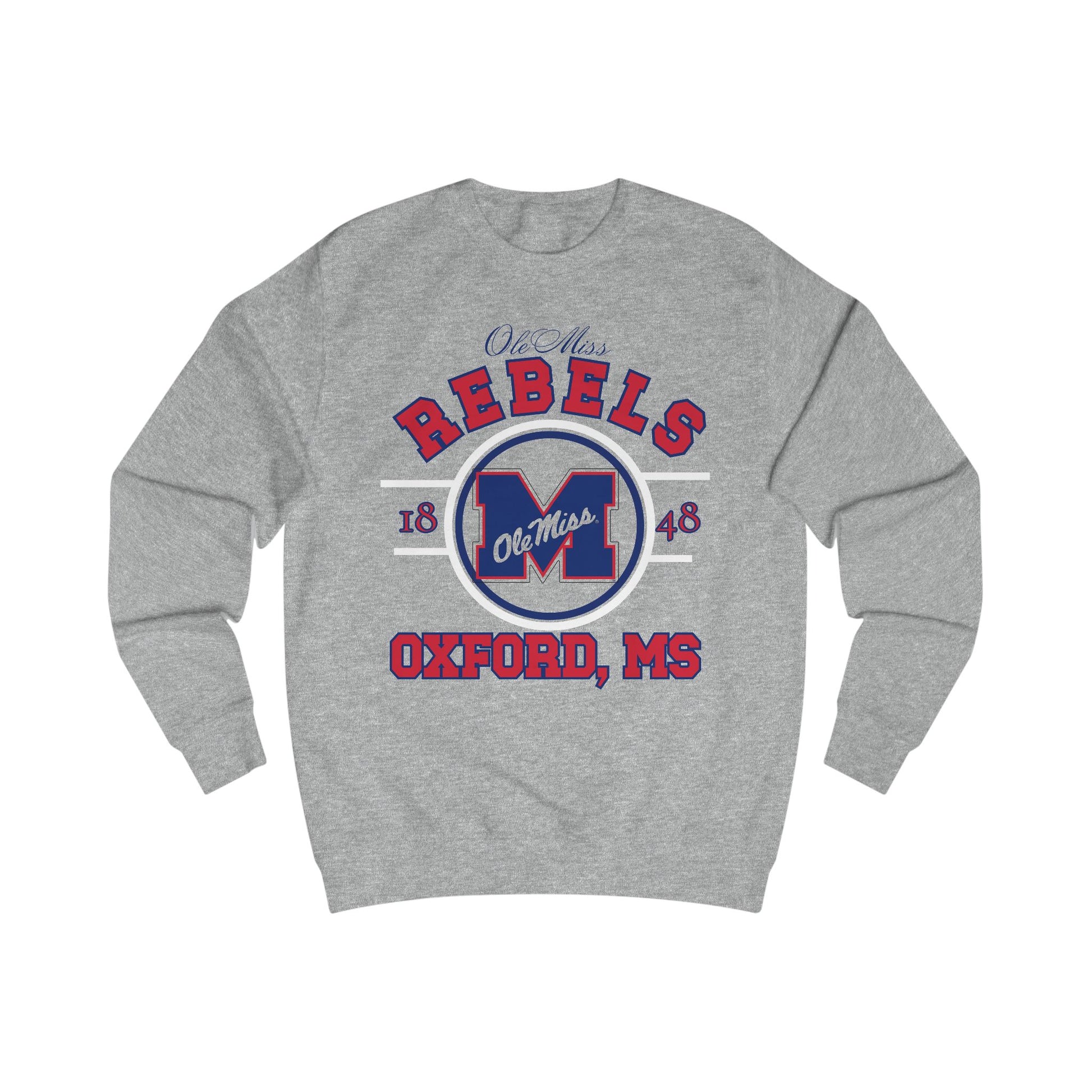 Gray sweatshirt with Ole Miss Rebels logo and text on a white background