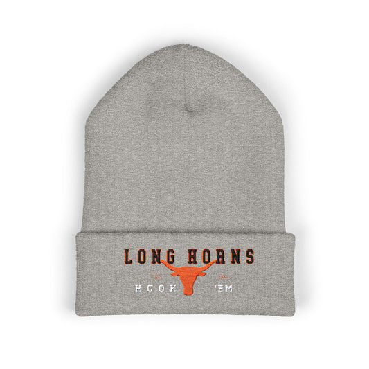 Gray beanie with 'Long Horns' text and logo on a white background