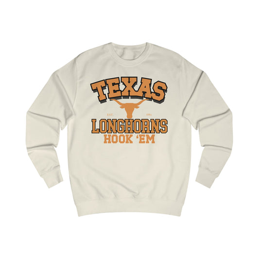 Beige sweatshirt with 'Texas Longhorns Hook 'Em' text and logo on a white background
