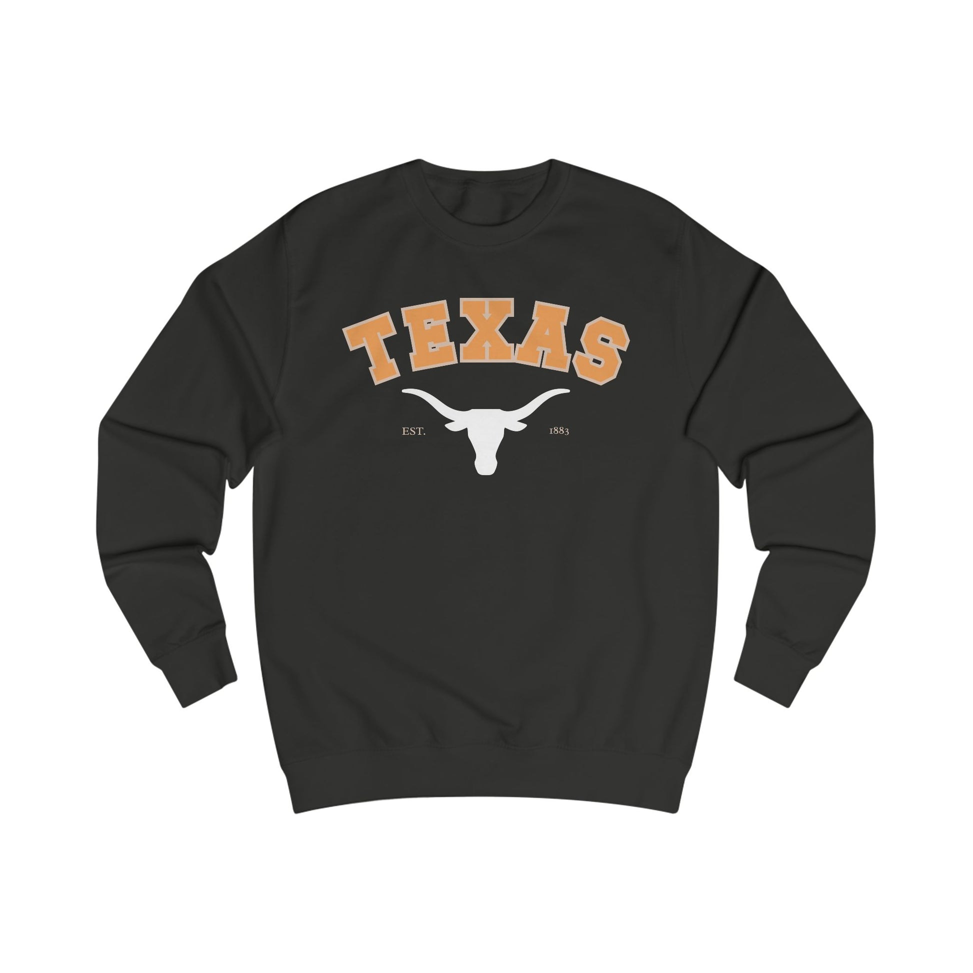 Black sweatshirt with 'Texas' and longhorn logo on a white background