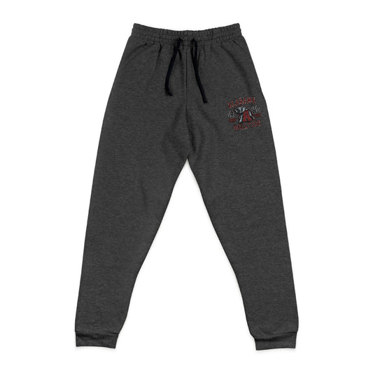 Gray sweatpants with a logo on the left leg against a white background