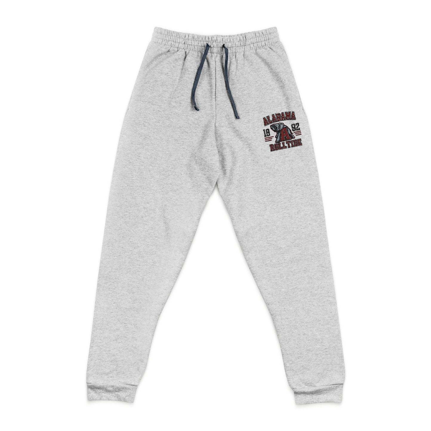 Gray sweatpants with a logo on a white background
