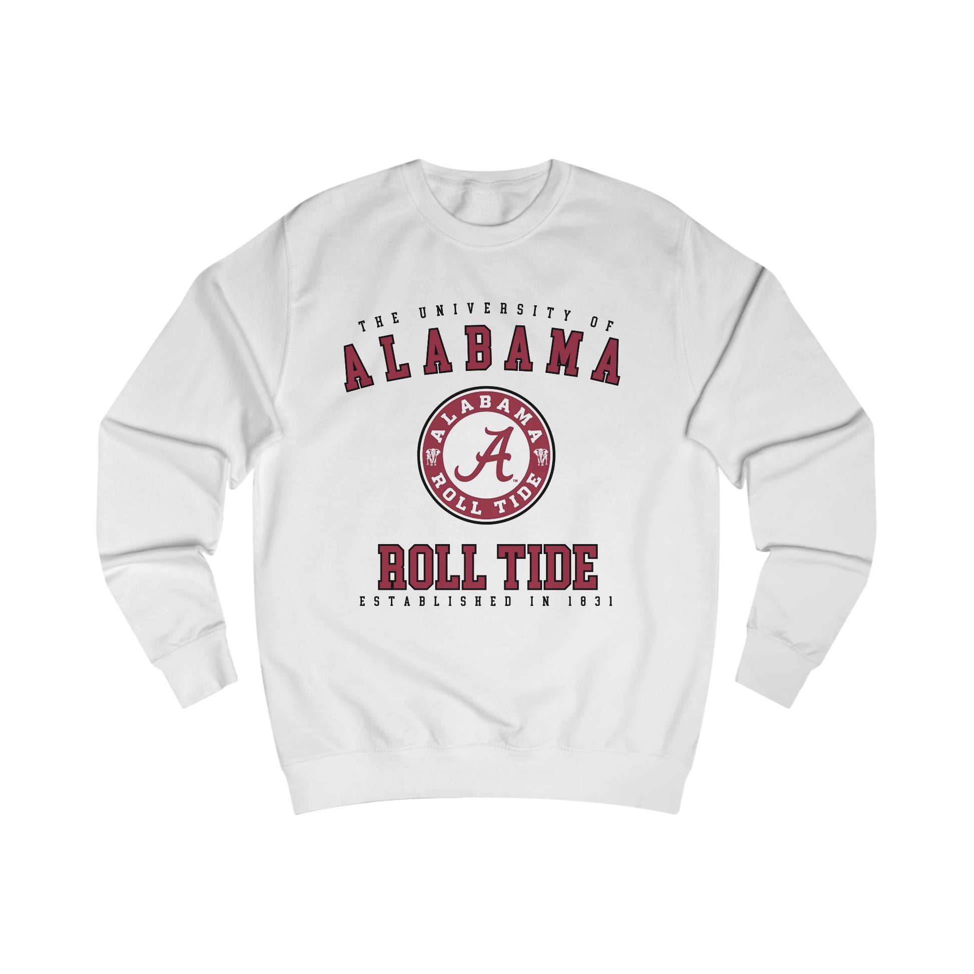 White sweatshirt with Alabama logo and text on a white background