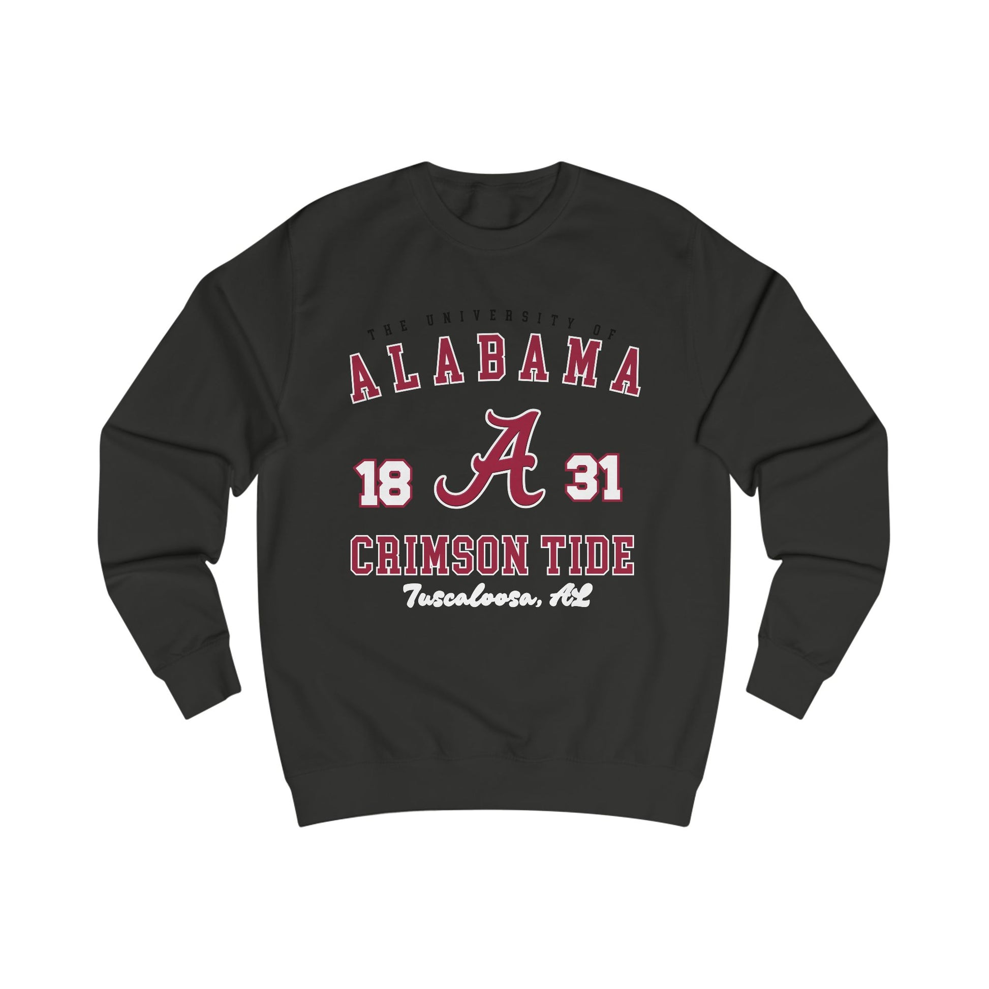 Black sweatshirt with Alabama Crimson Tide text and logo on a white background