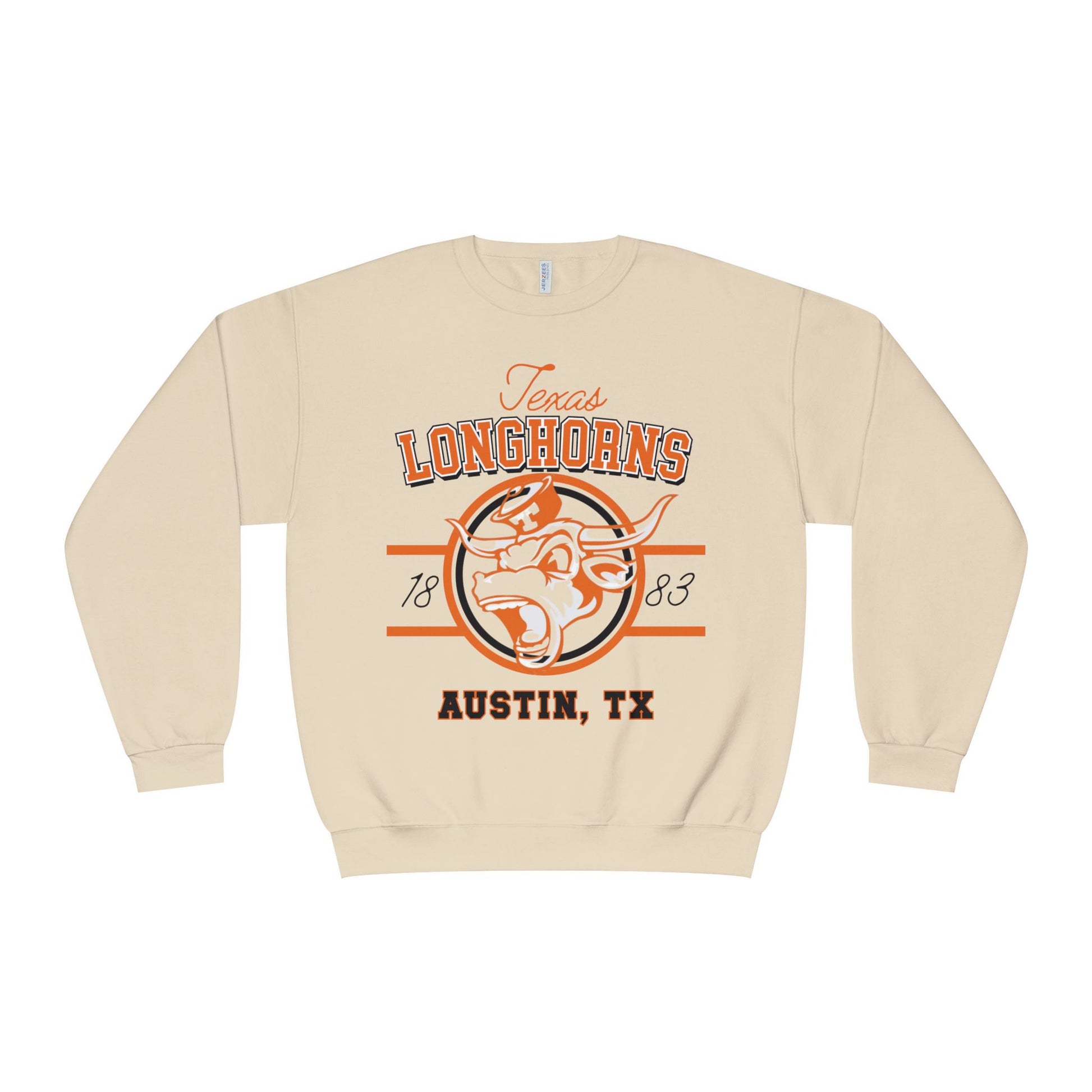 Beige sweatshirt with Texas Longhorns logo and text on a white background