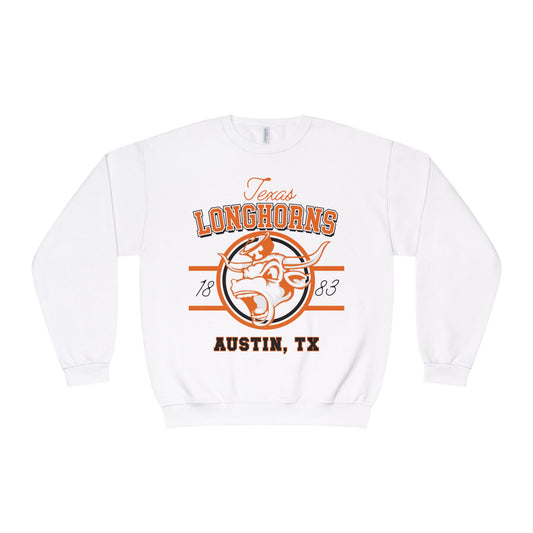 White sweatshirt with Texas Longhorns logo and text on a white background