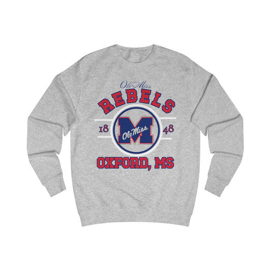 Gray sweatshirt with Ole Miss Rebels logo and text on a white background