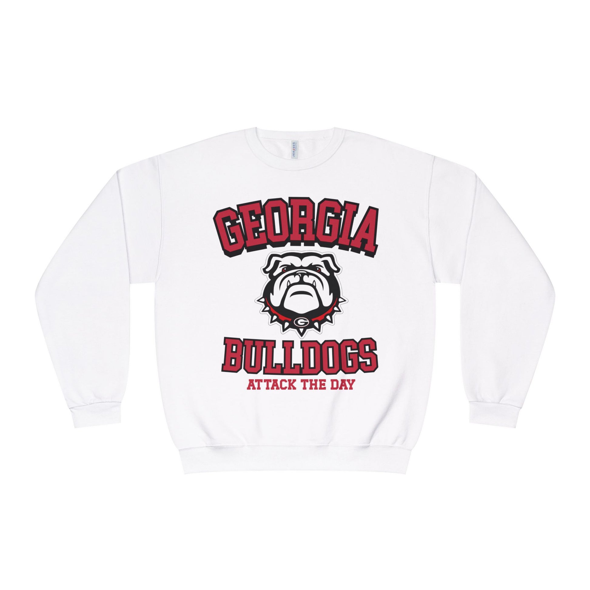 White sweatshirt with Georgia Bulldogs logo and text on a white background
