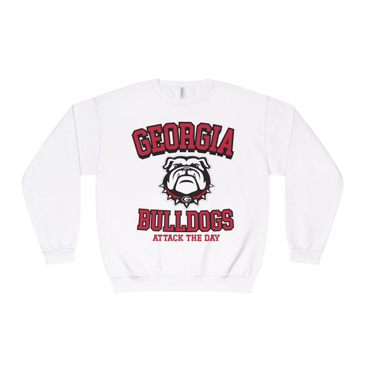 White sweatshirt with Georgia Bulldogs logo and text on a white background
