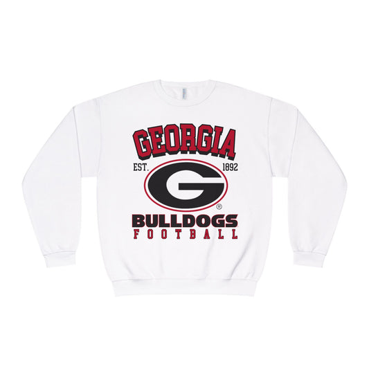 White sweatshirt with Georgia Bulldogs football logo on a white background