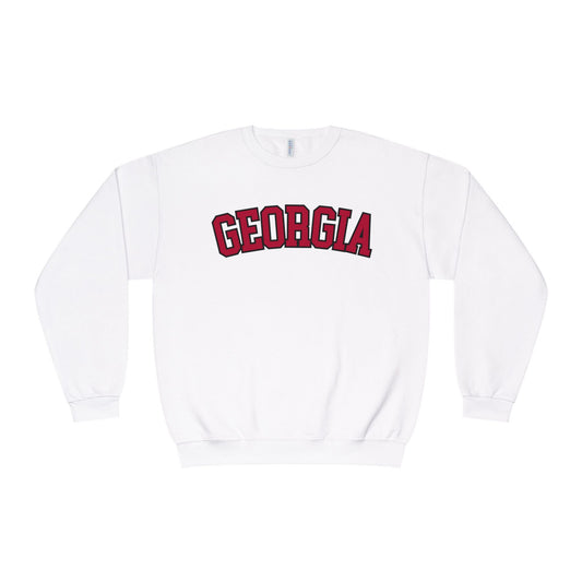White long-sleeve shirt with 'GEORGIA' printed on the back against a white background