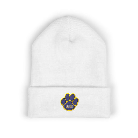 White beanie with a paw print logo on a white background