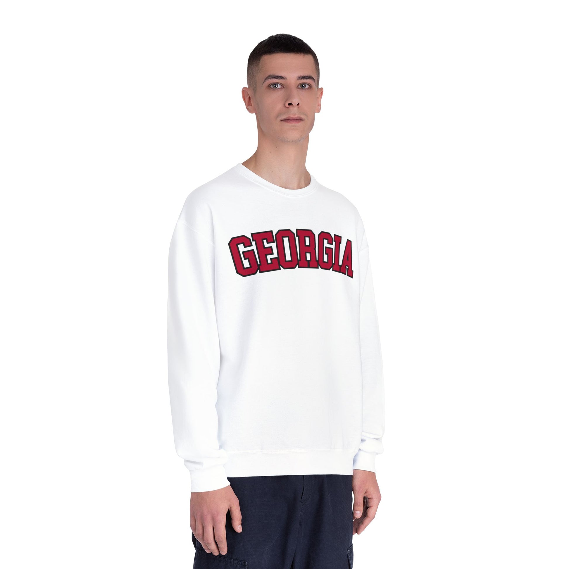 Person wearing a white sweatshirt with 'Georgia' printed on it against a white background