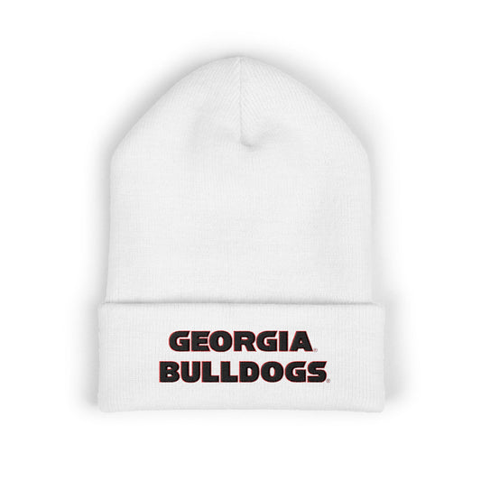 White beanie with 'Georgia Bulldogs' text on a white background